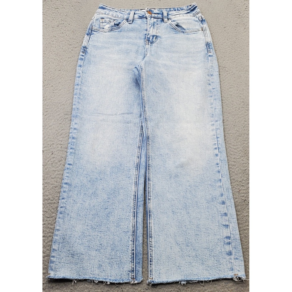 Flying Monkey Wide Leg Jeans Womens 25 Blue Denim Acid-Wash Frayed Hem Stretch